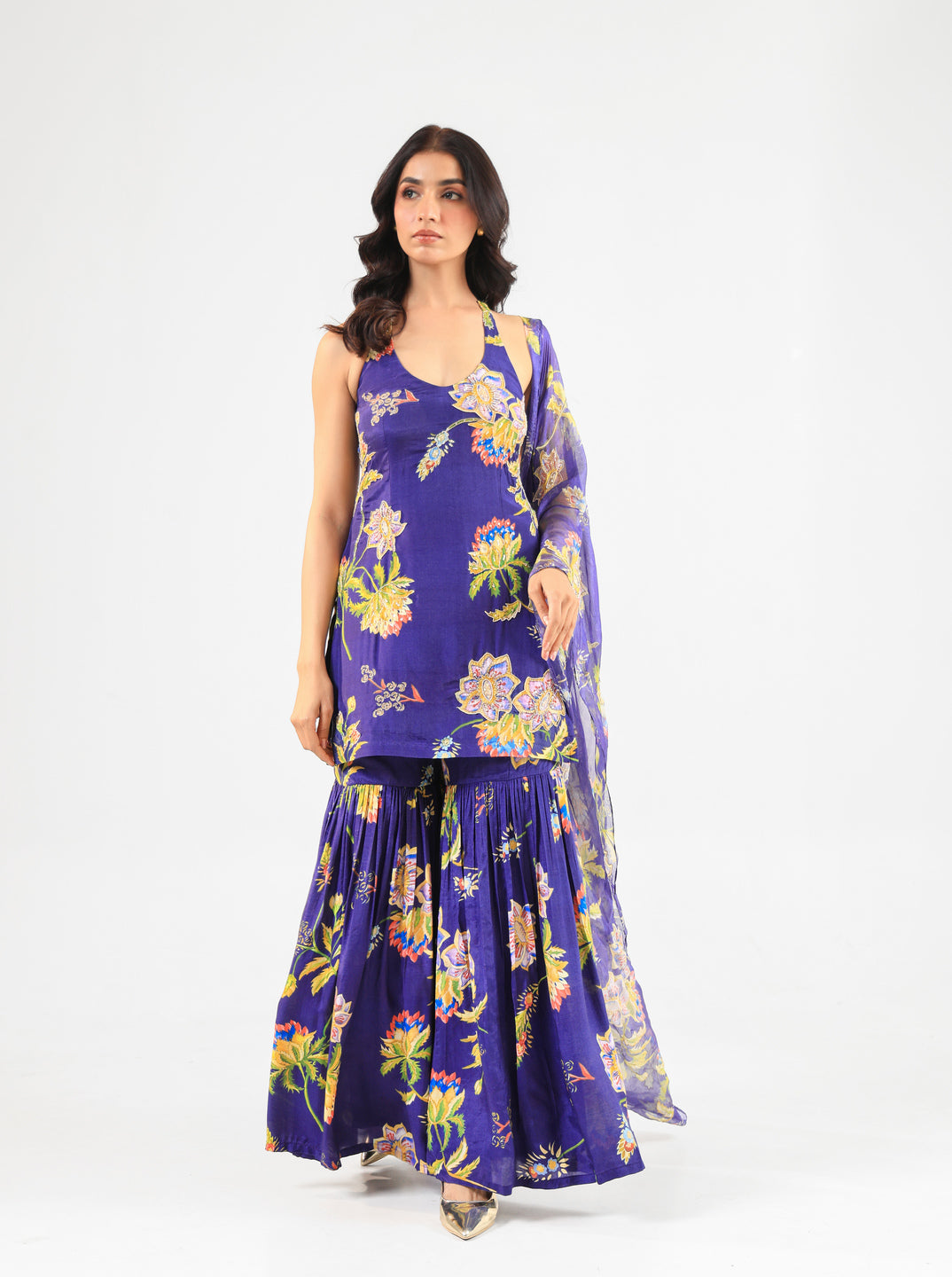 Deep Blue Floral Halter Kurta Sharara Set with Organza Dupatta