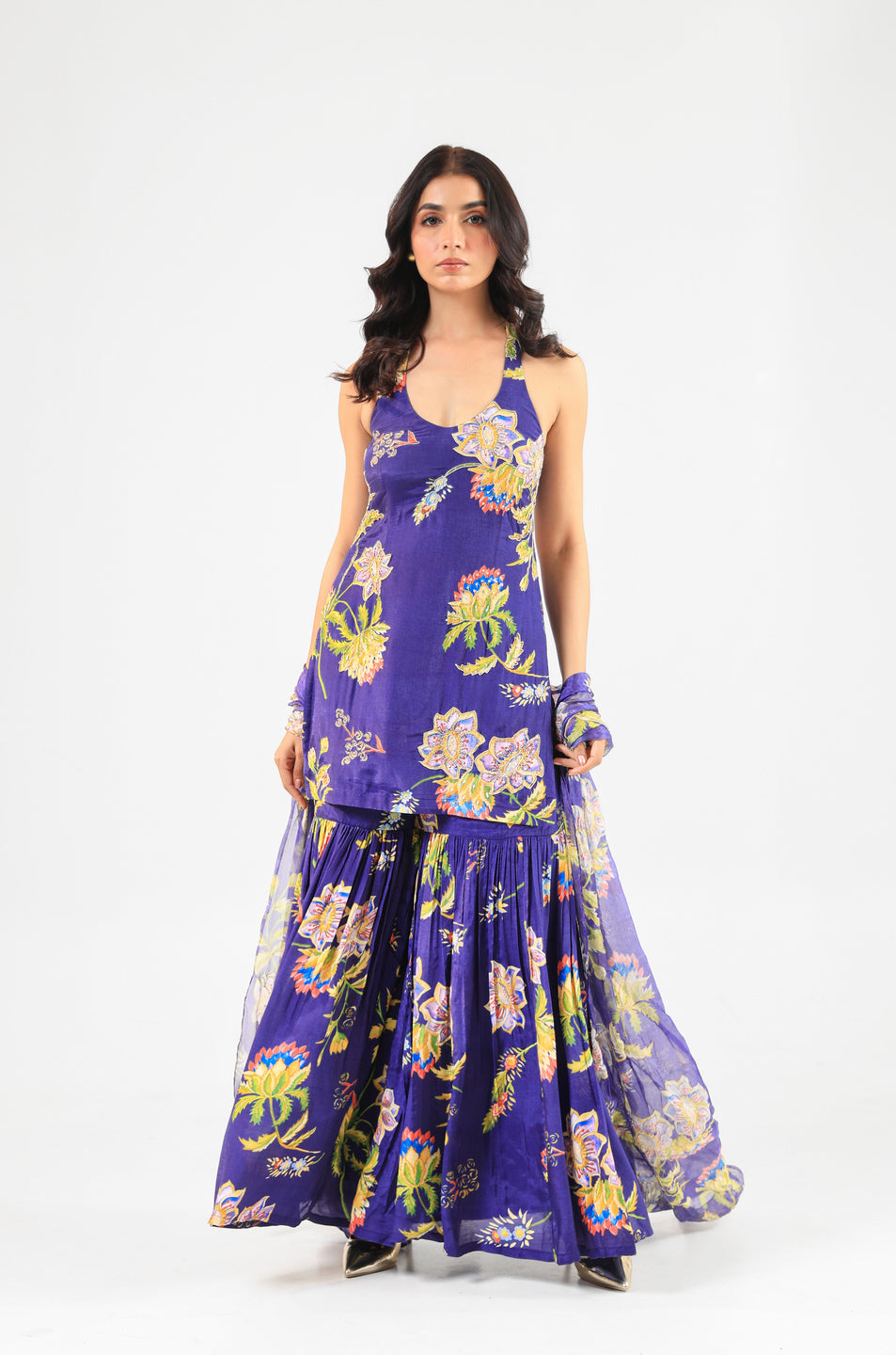 Deep Blue Floral Halter Kurta Sharara Set with Organza Dupatta