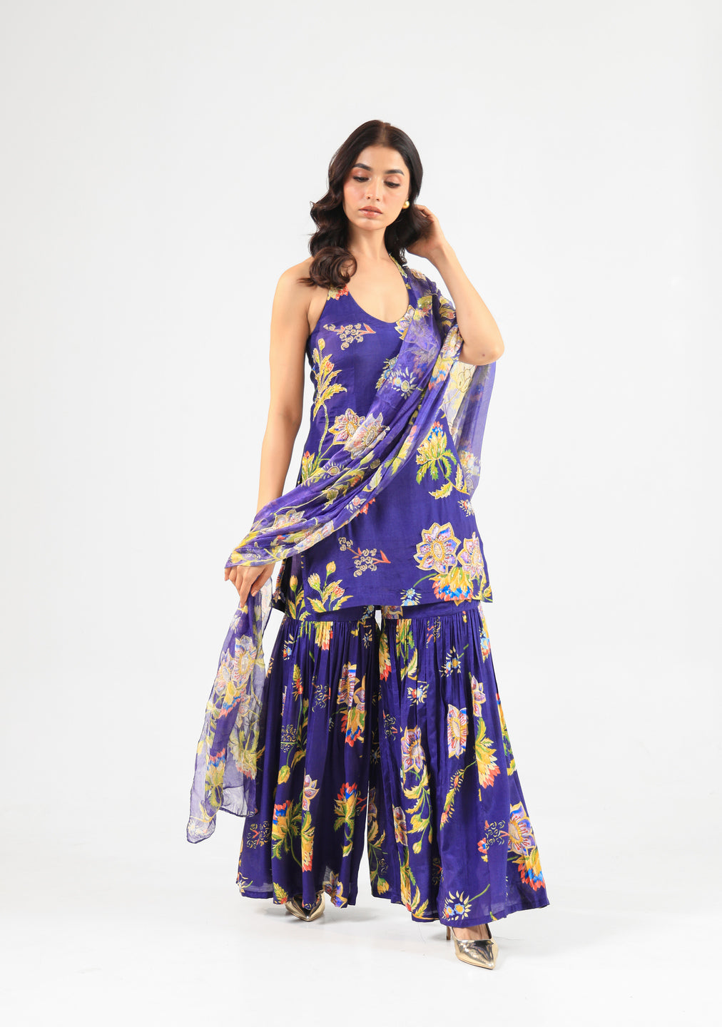 Deep Blue Floral Halter Kurta Sharara Set with Organza Dupatta