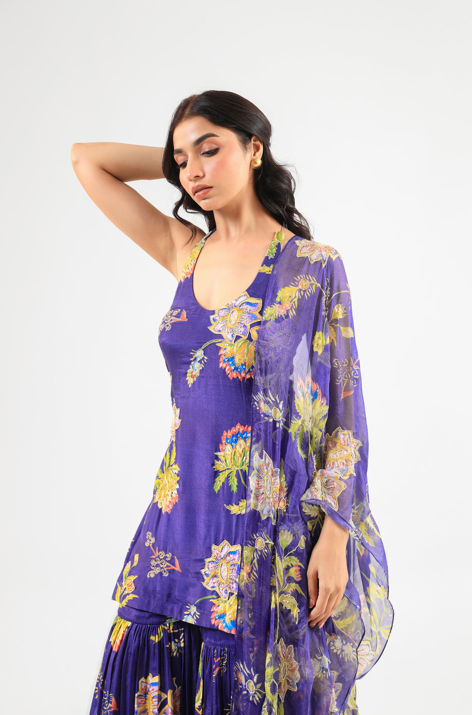 Deep Blue Floral Halter Kurta Sharara Set with Organza Dupatta