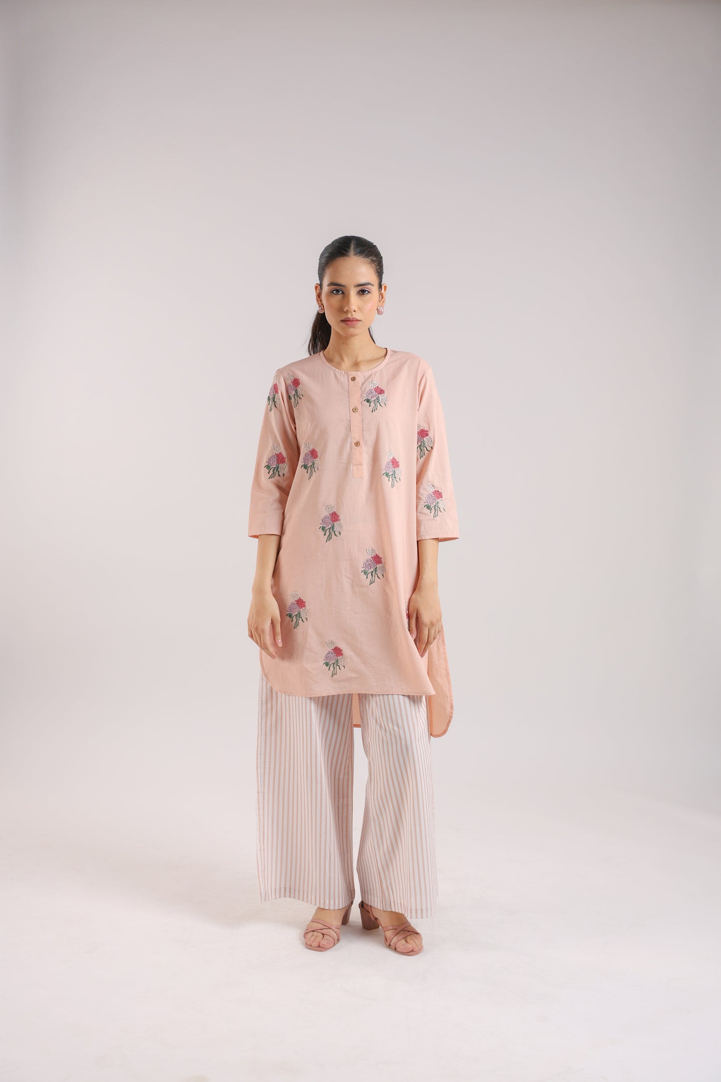 Nude Pink Cotton Embroidered Kurta Set