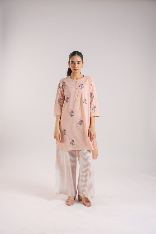 Nude Pink Cotton Embroidered Kurta Set