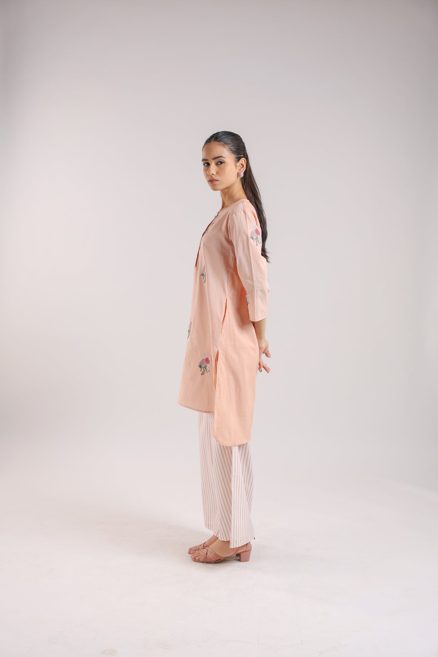 Nude Pink Cotton Embroidered Kurta Set
