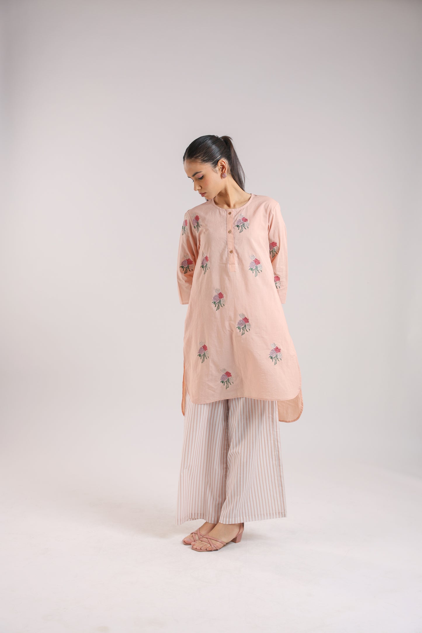 Nude Pink Cotton Embroidered Kurta Set
