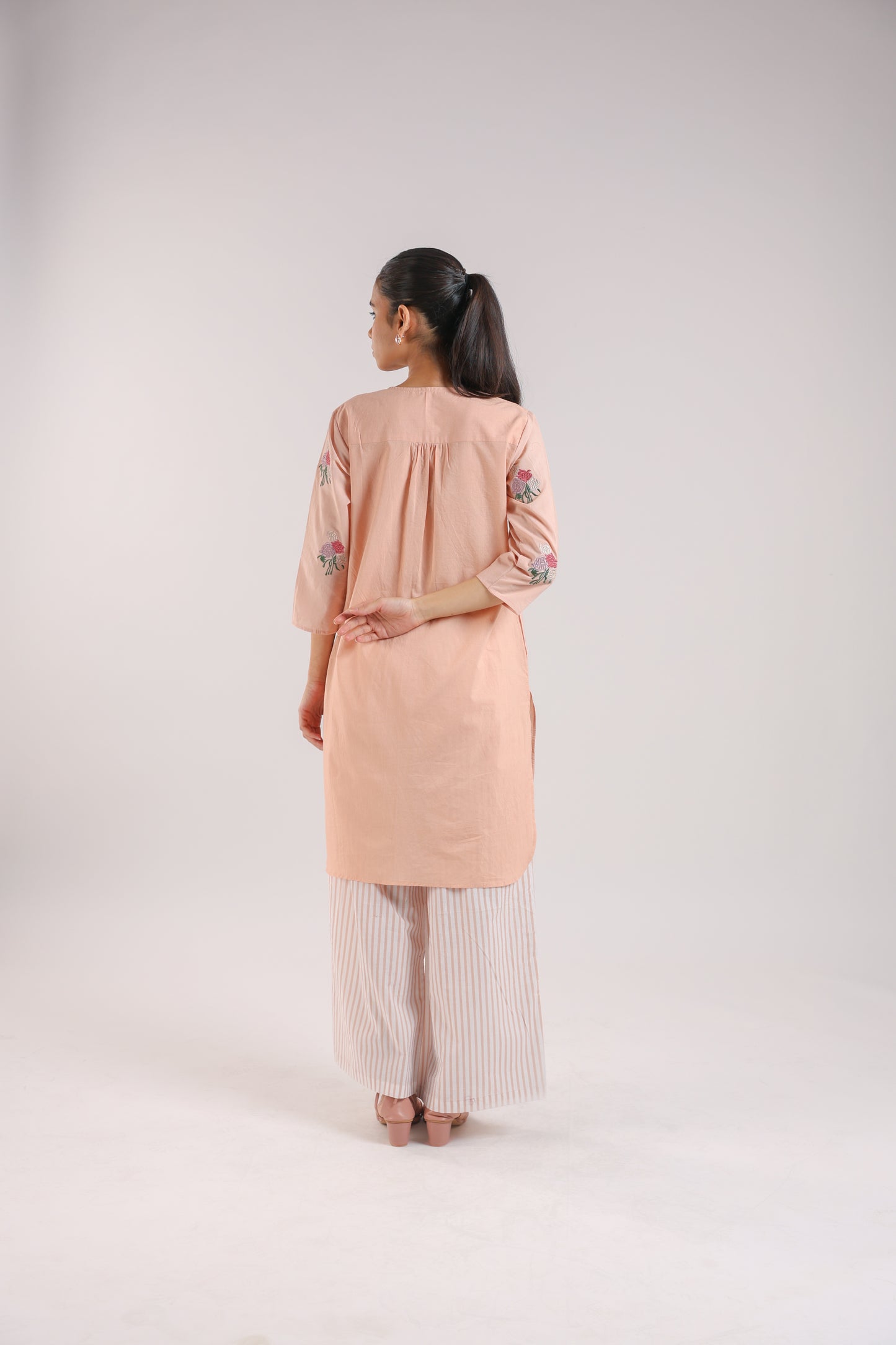 Nude Pink Cotton Embroidered Kurta Set
