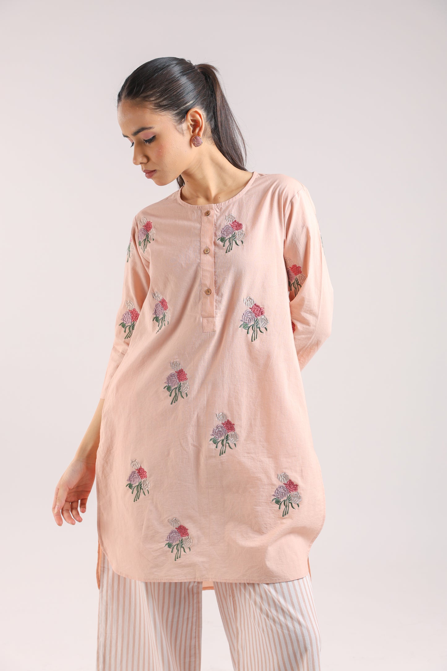 Nude Pink Cotton Embroidered Kurta Set