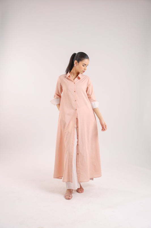 Nude Pink Cotton Collared A-line Kurta Set with Striped Pants