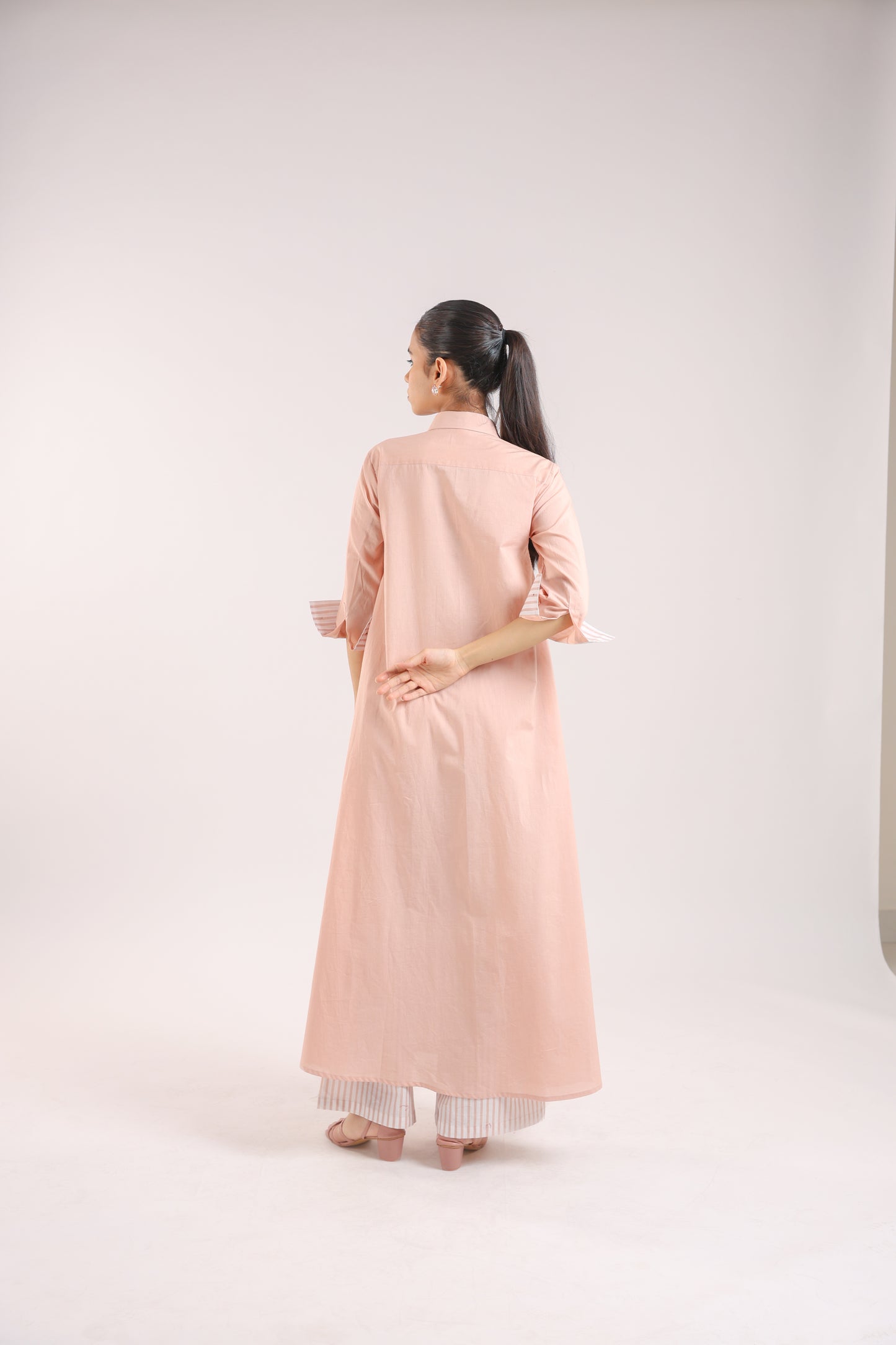 Nude Pink Cotton Collared A-line Kurta Set with Striped Pants