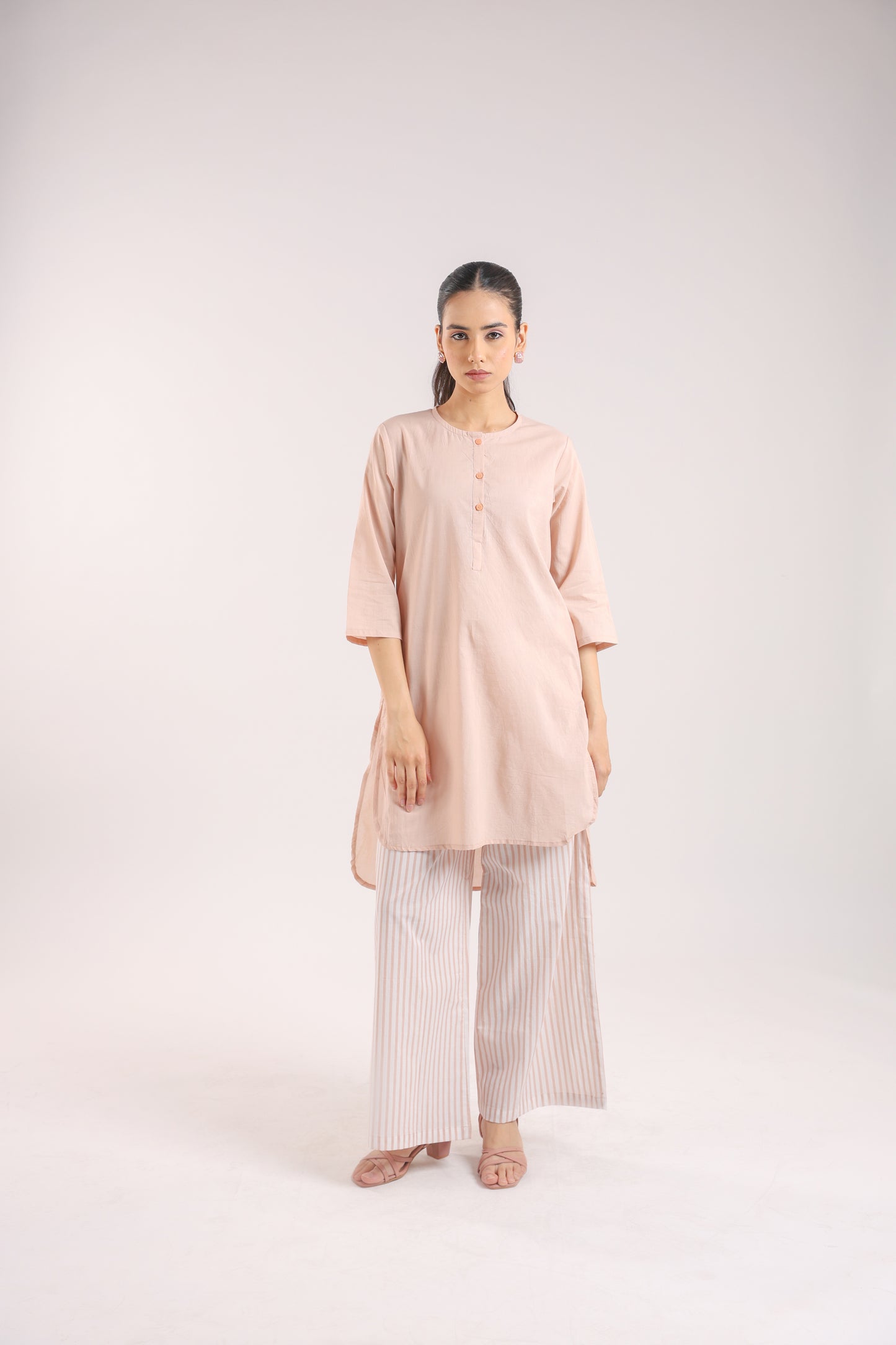 Nude Pink Cotton Kurta Set with Striped Pants