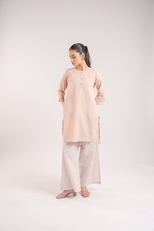Nude Pink Cotton Kurta Set with Striped Pants