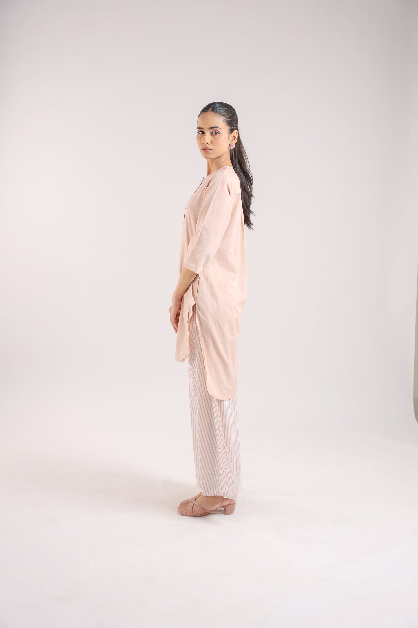 Nude Pink Cotton Kurta Set with Striped Pants