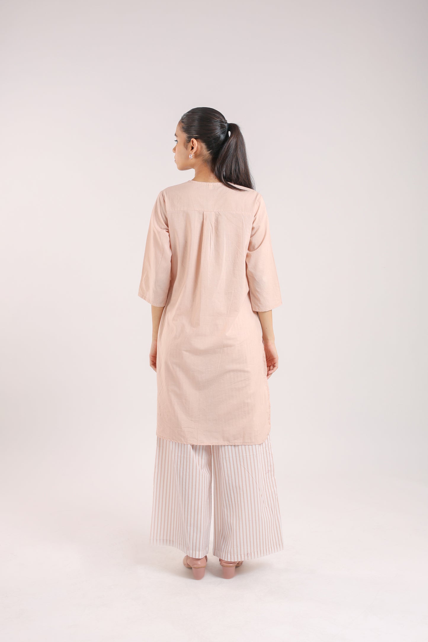 Nude Pink Cotton Kurta Set with Striped Pants