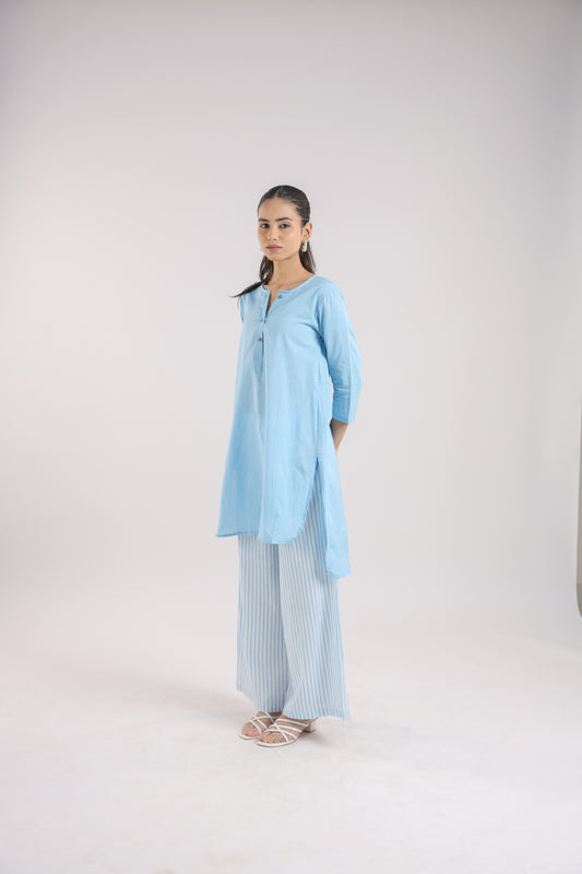 Ice Blue Cotton Kurta Set with Striped Pants