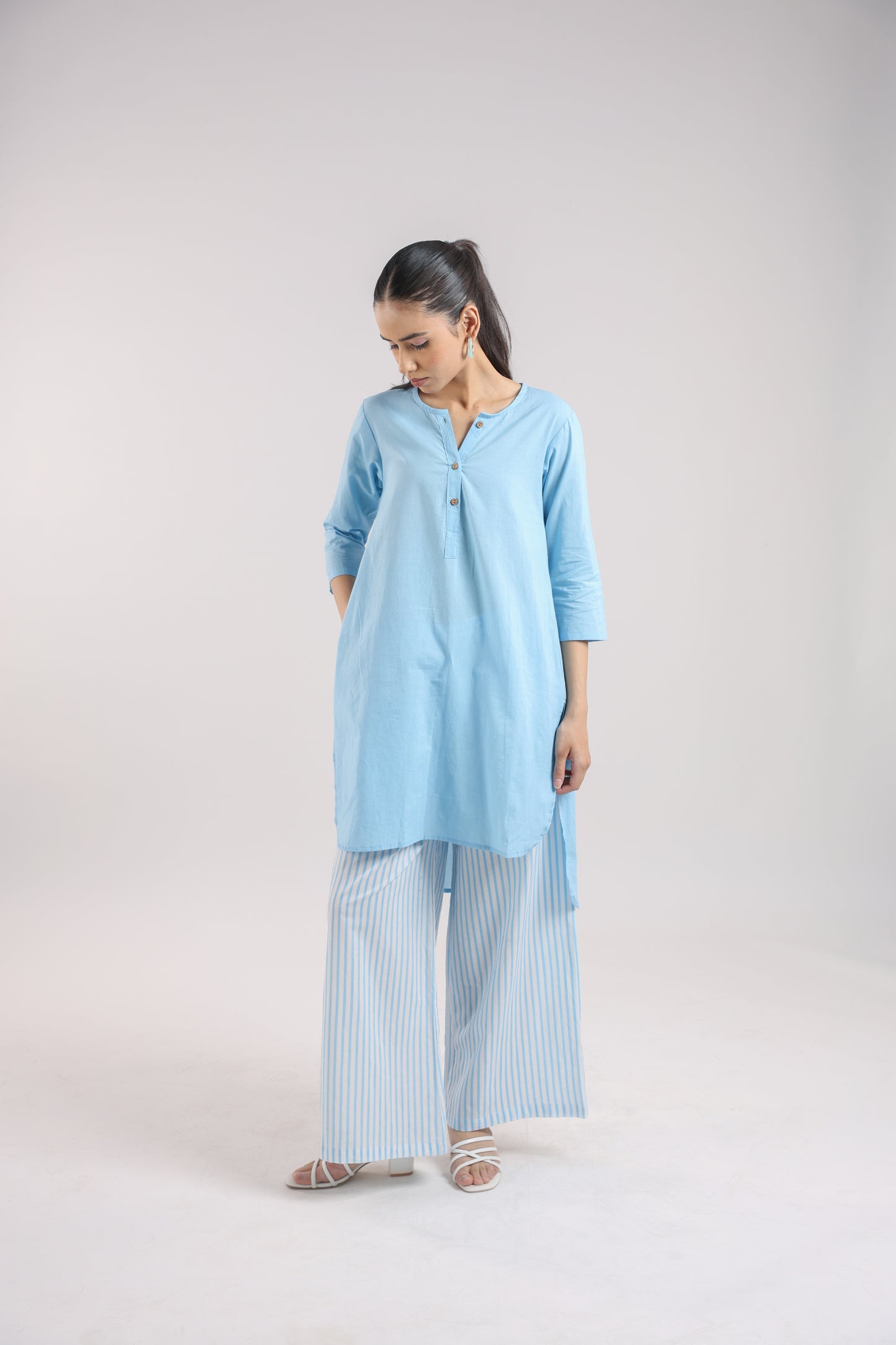 Ice Blue Cotton Kurta Set with Striped Pants