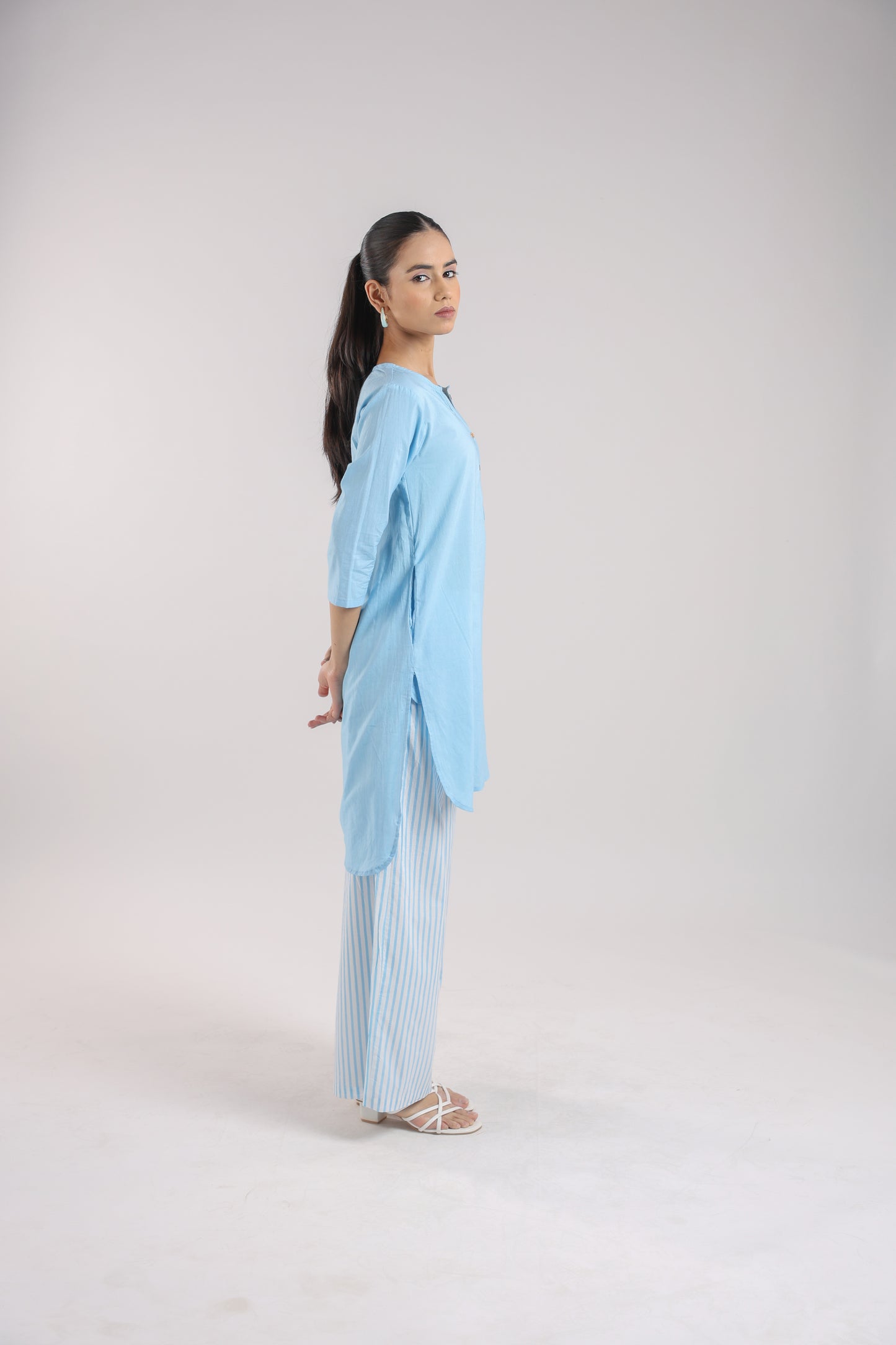 Ice Blue Cotton Kurta Set with Striped Pants