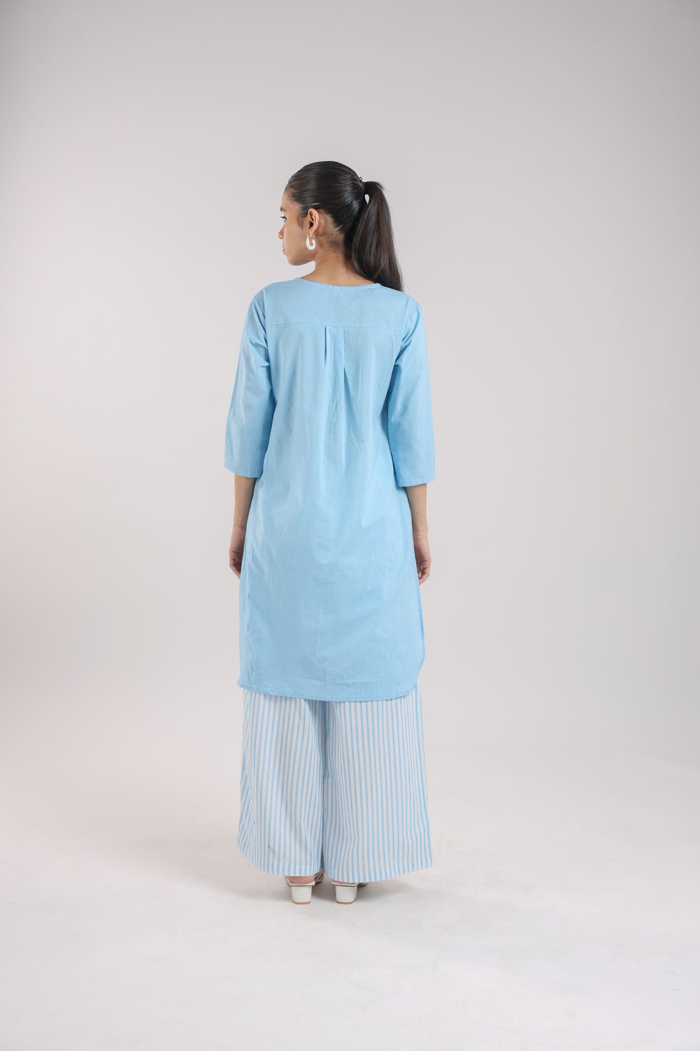 Ice Blue Cotton Kurta Set with Striped Pants