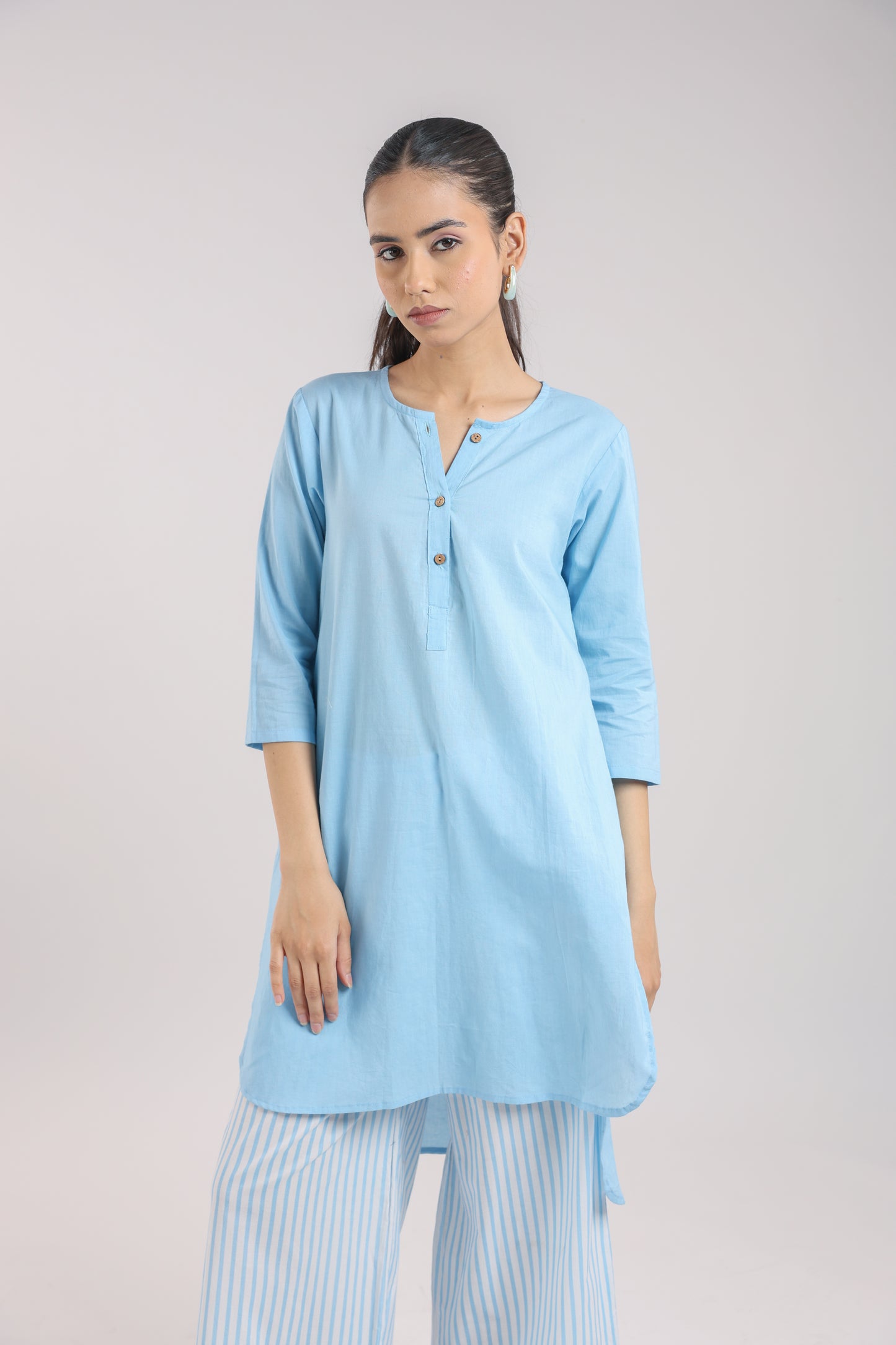 Ice Blue Cotton Kurta Set with Striped Pants