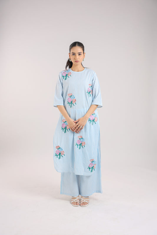 Ice Blue Striped Kurta Set with Floral Embroidery