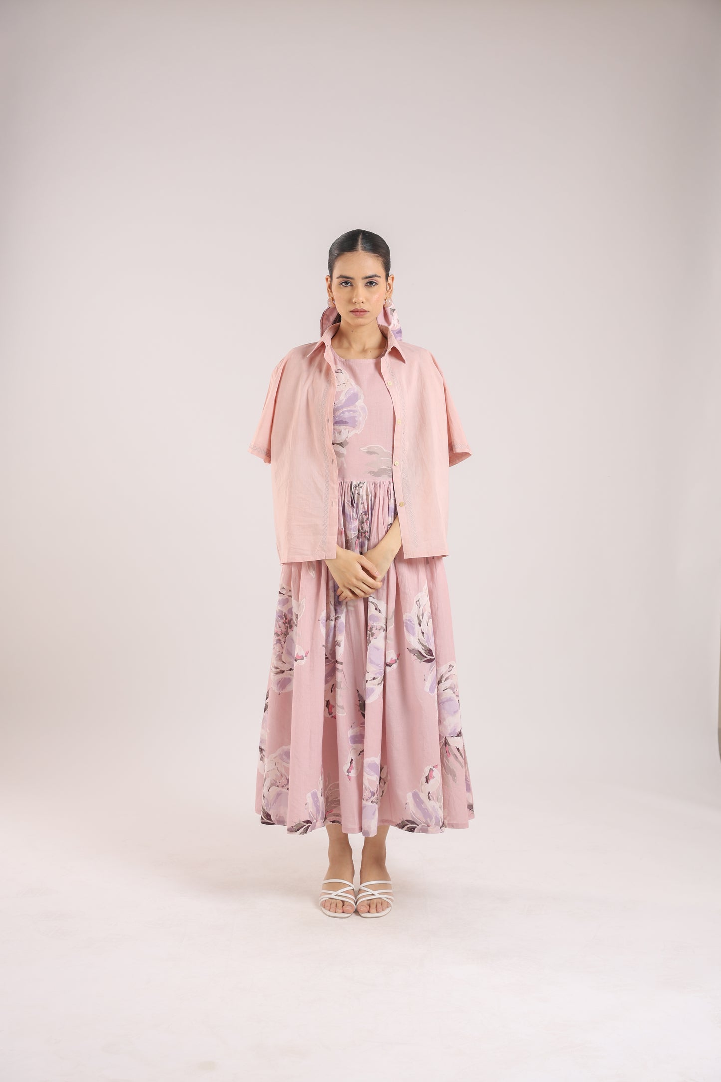 Dust Rose Flared Long Dress paired with a Shirt