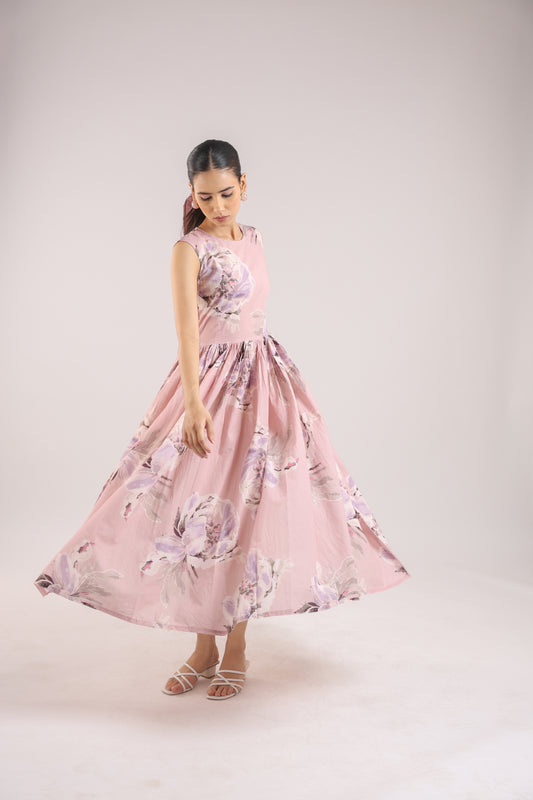 Dust Rose Flared Long Dress paired with a Shirt