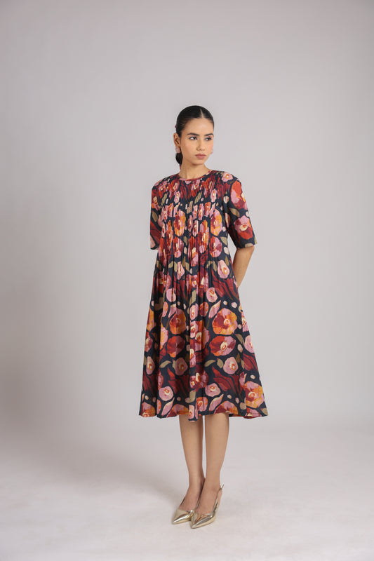 Black Floral Elbow Sleeve Dress