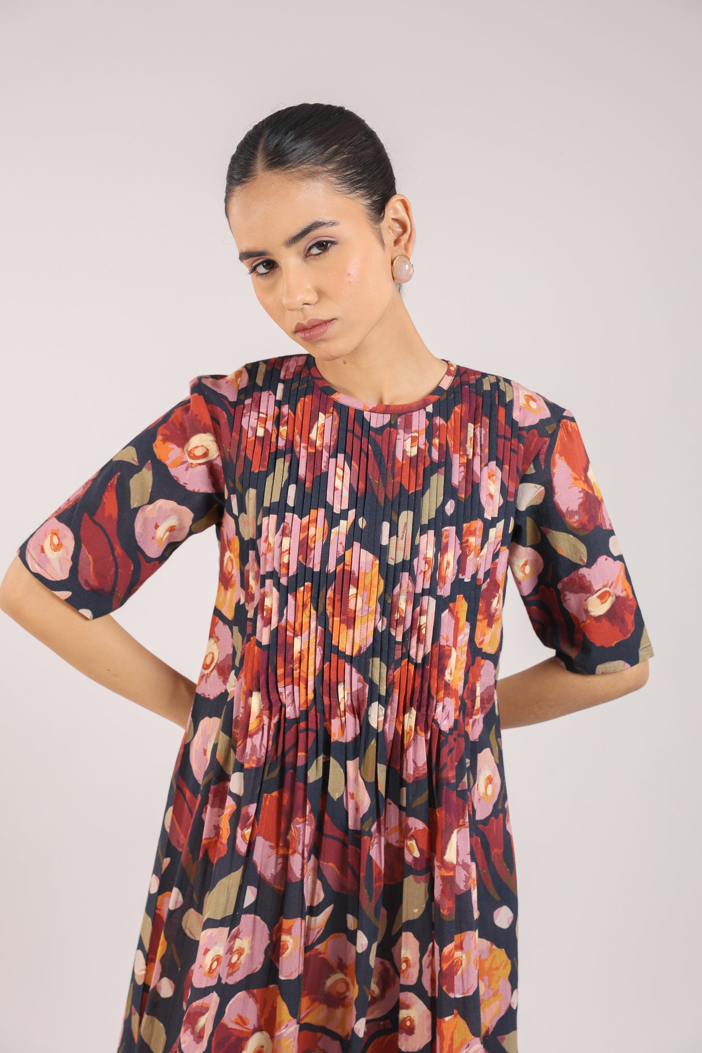Black Floral Elbow Sleeve Dress