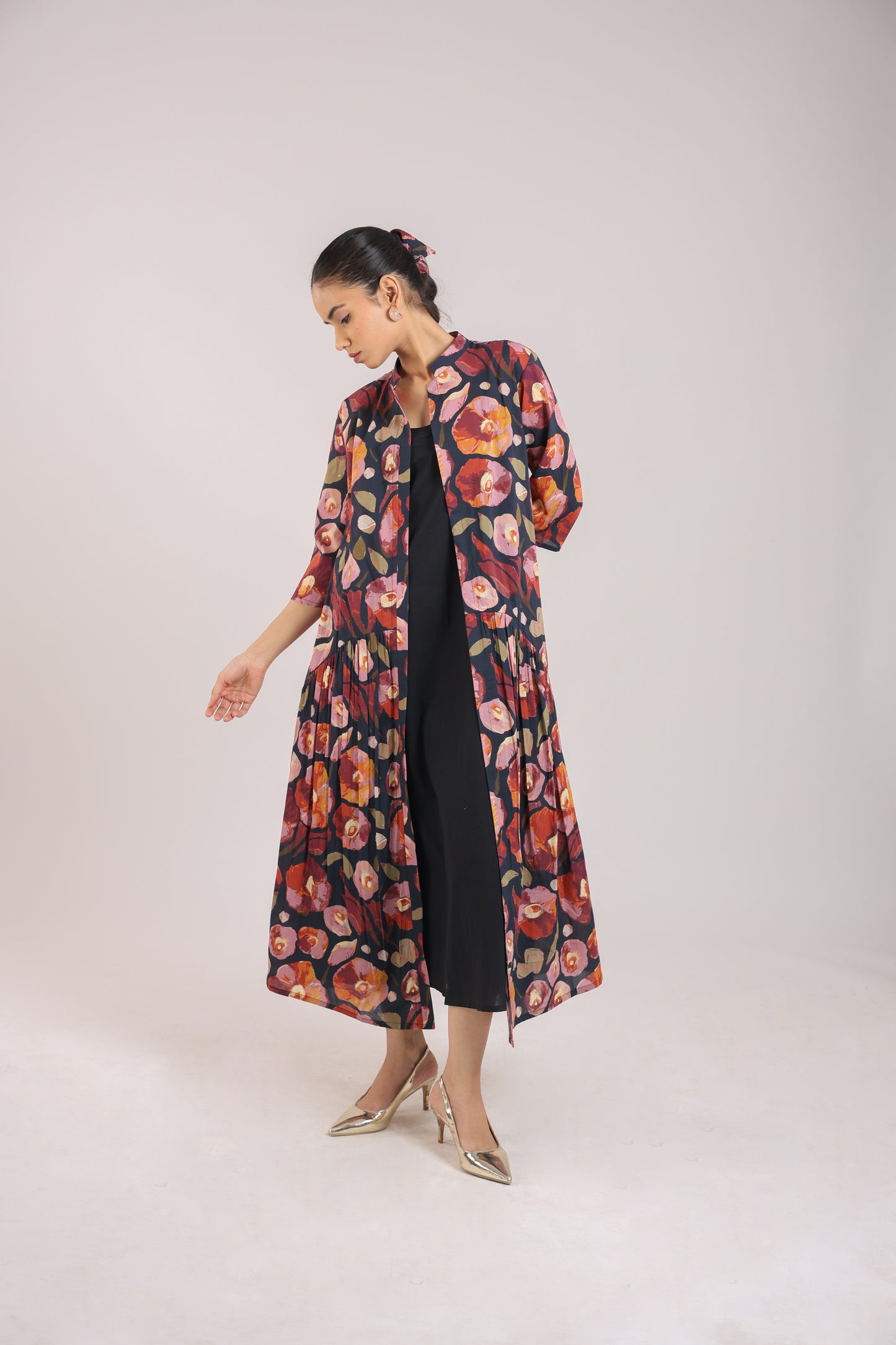 Black Floral shirt dress paired with a slip