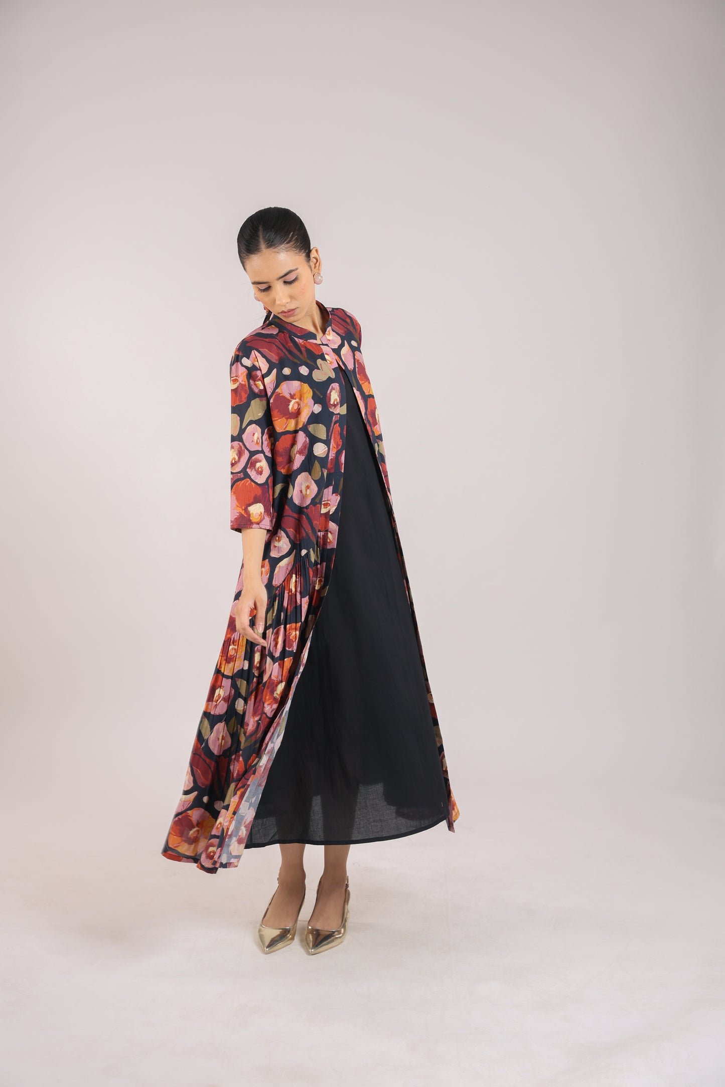 Black Floral shirt dress paired with a slip