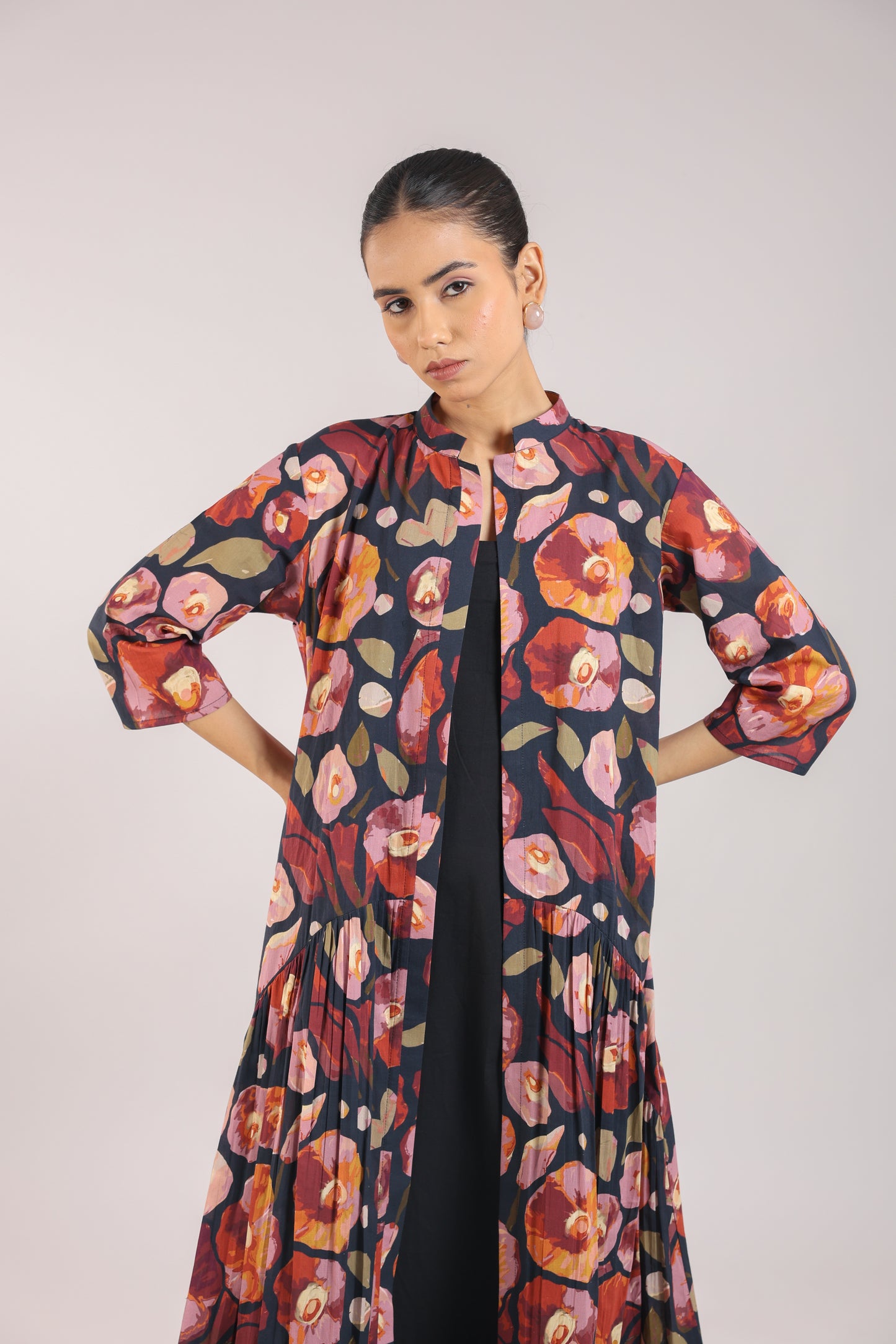Black Floral shirt dress paired with a slip