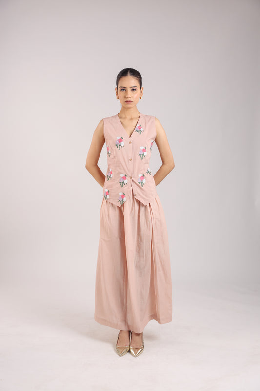 Nude Pink Embroidered Waist coat with skirt