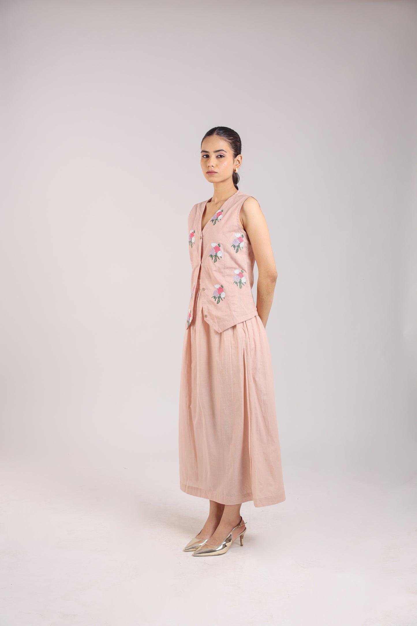 Nude Pink Embroidered Waist coat with skirt