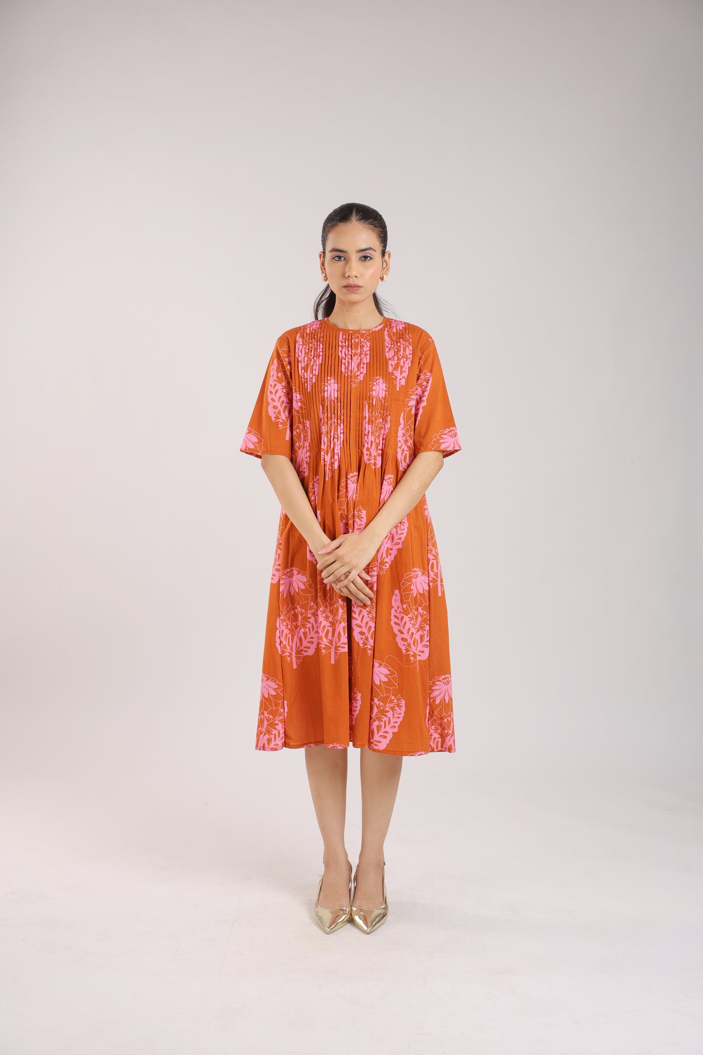 Rust Orange Floral Elbow sleeve Dress