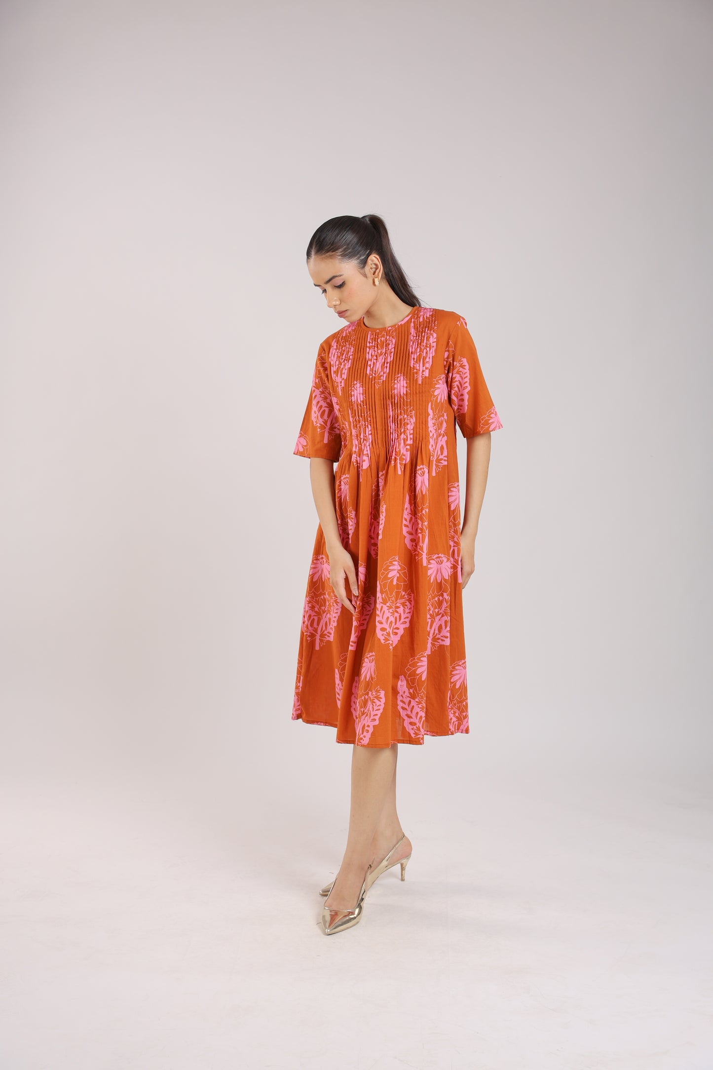 Rust Orange Floral Elbow sleeve Dress