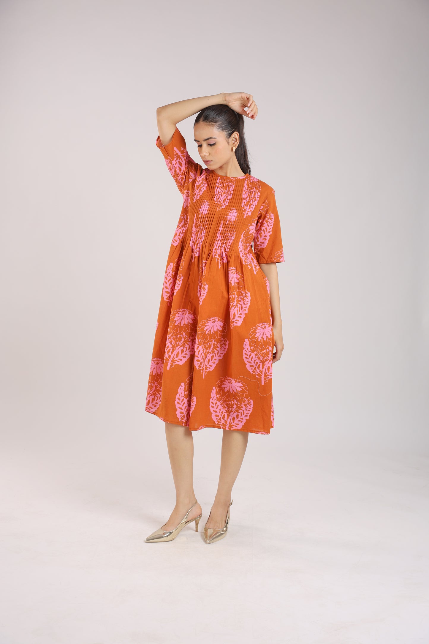Rust Orange Floral Elbow sleeve Dress