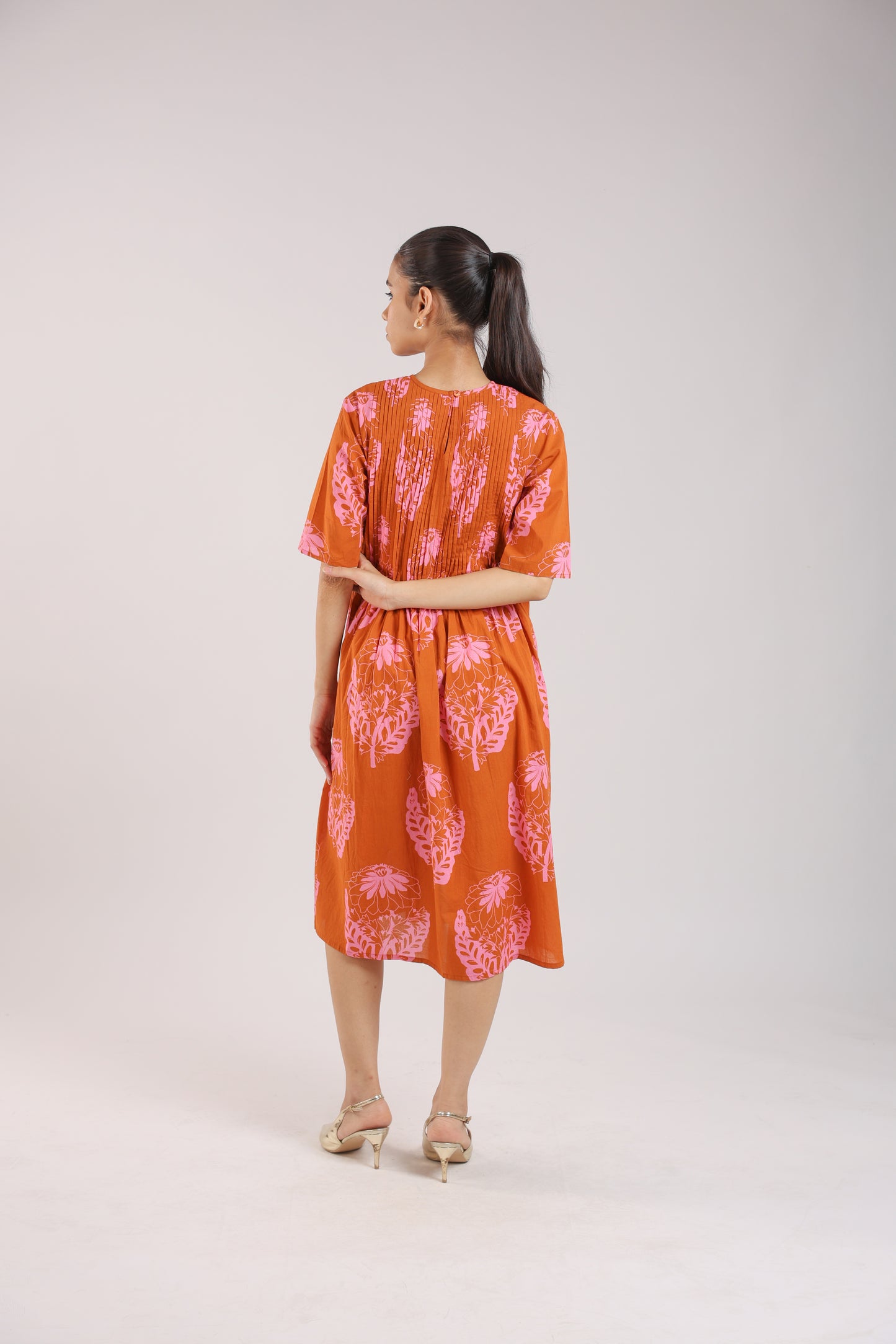 Rust Orange Floral Elbow sleeve Dress