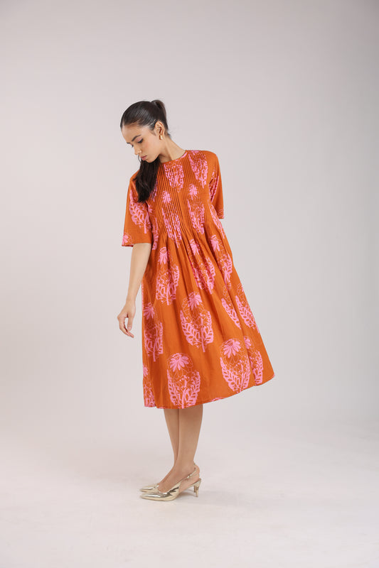 Rust Orange Floral Elbow sleeve Dress