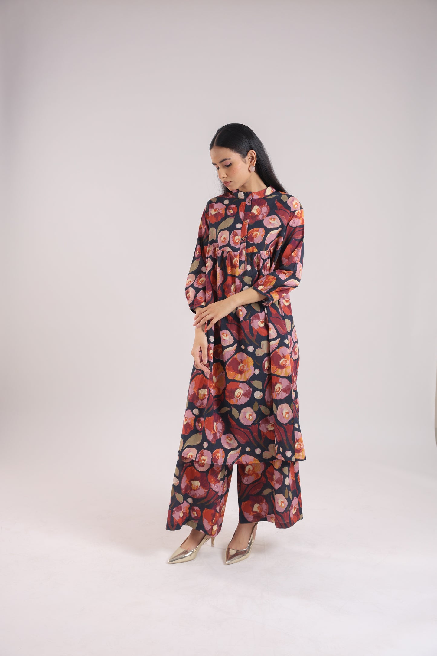 Black Floral Print Kurta Set