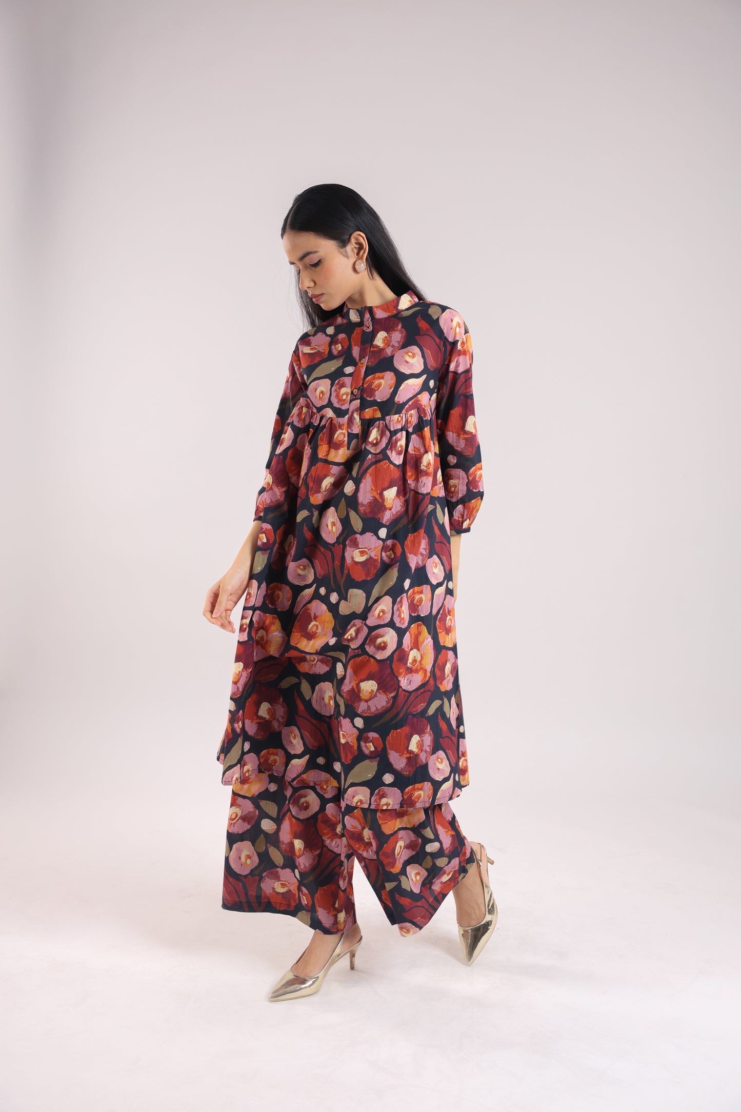 Black Floral Print Kurta Set