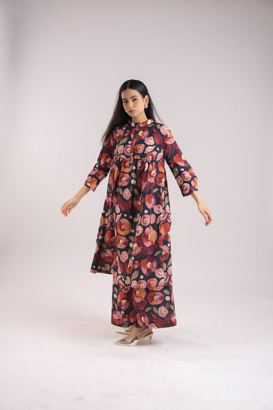 Black Floral Print Kurta Set
