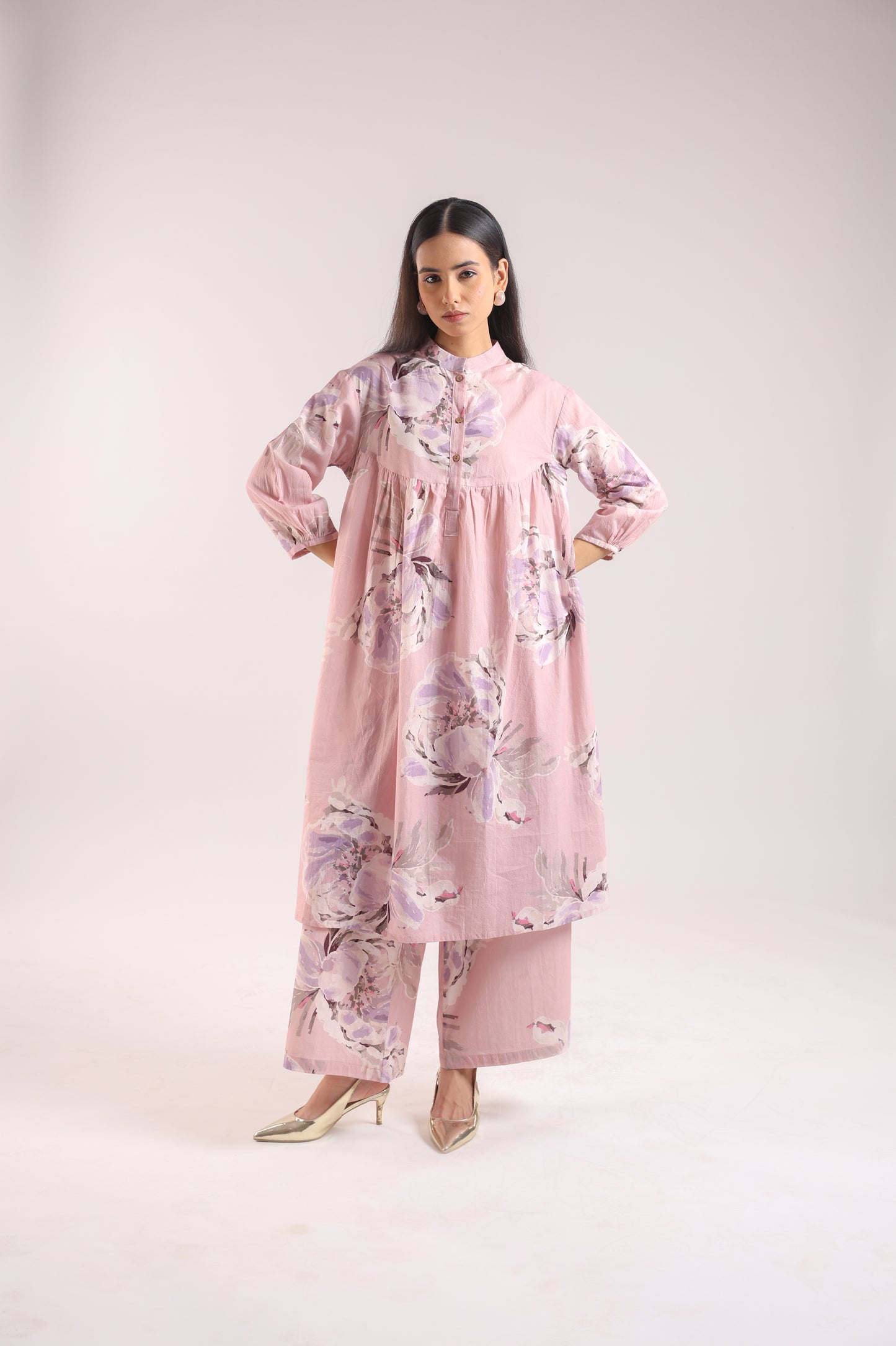 Cotton Dusty Pink Floral Print Kurta Set