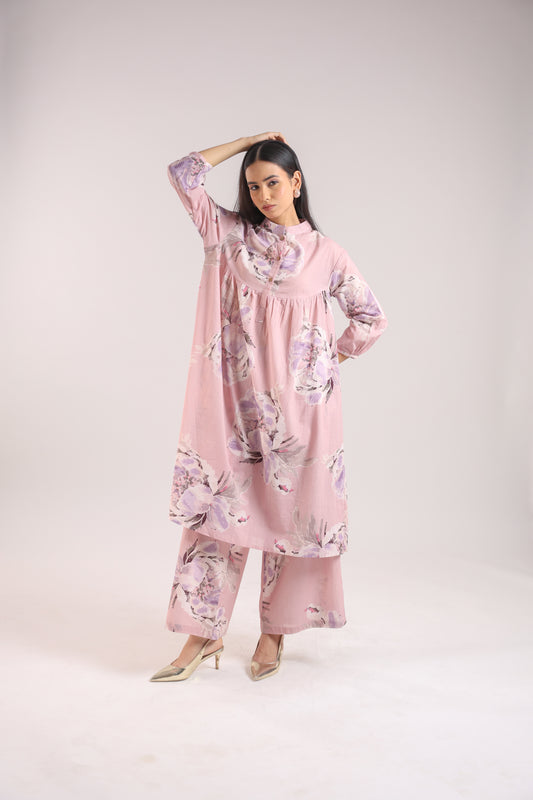 Cotton Dusty Pink Floral Print Kurta Set