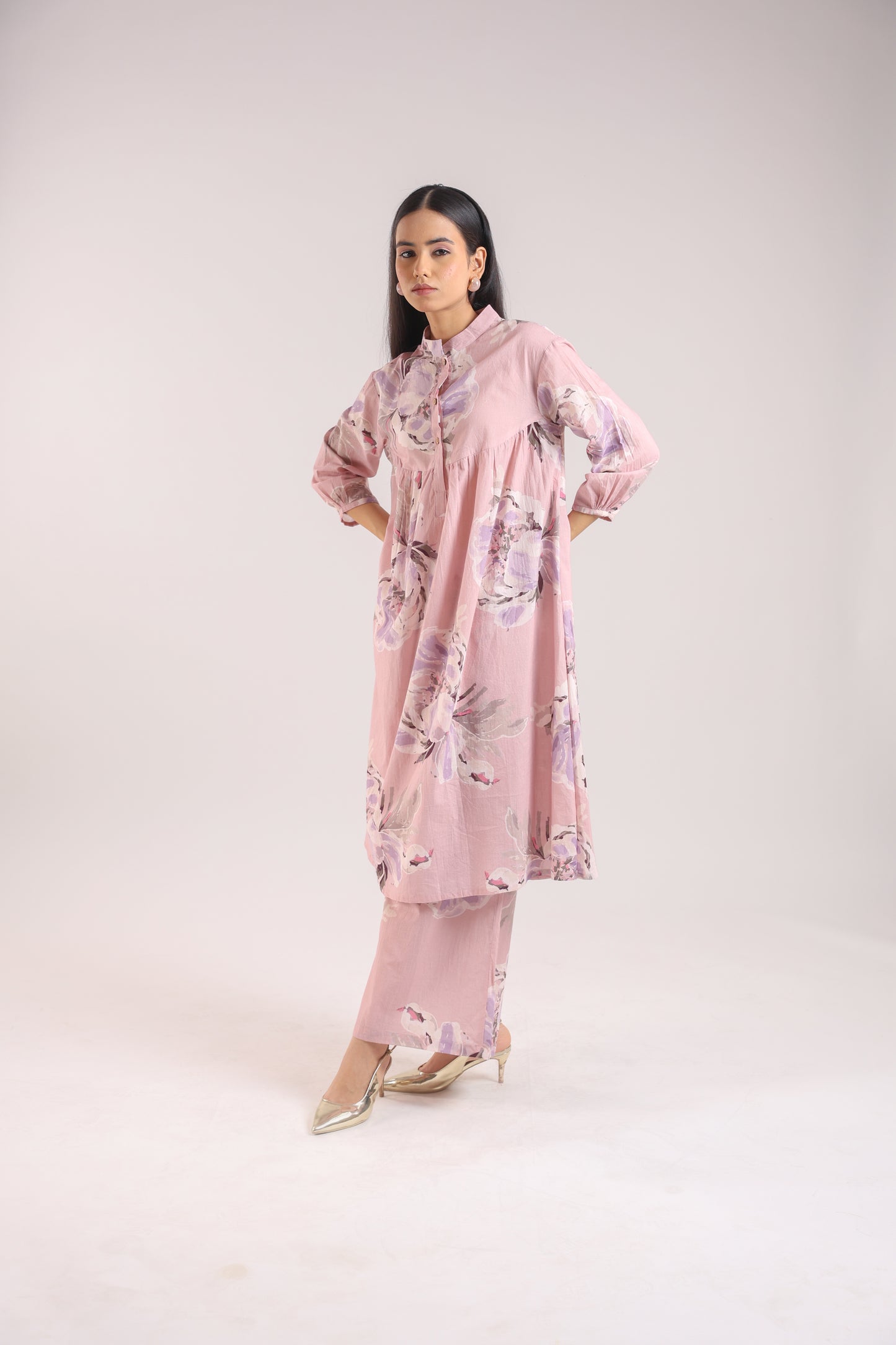 Cotton Dusty Pink Floral Print Kurta Set