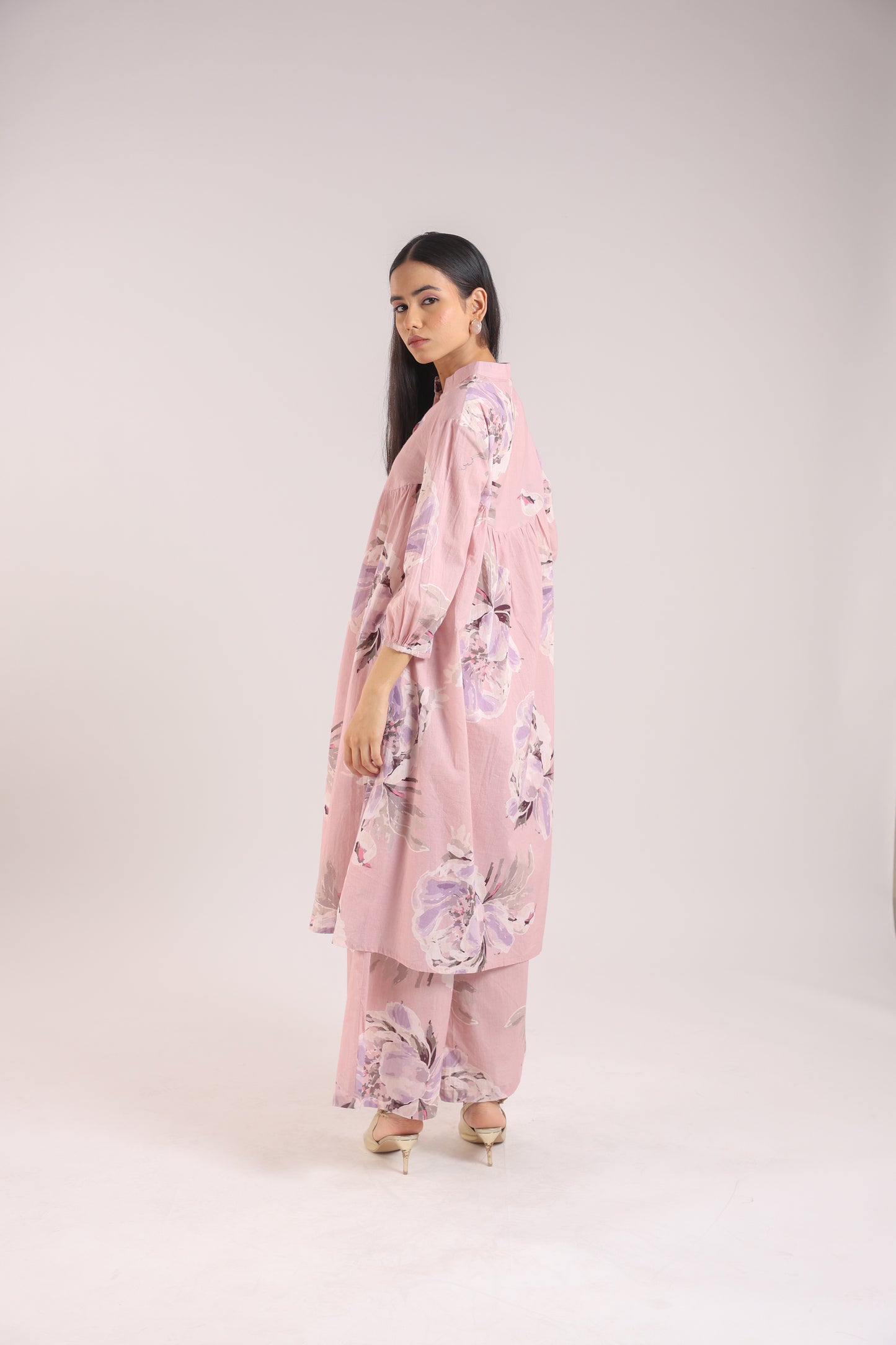Cotton Dusty Pink Floral Print Kurta Set