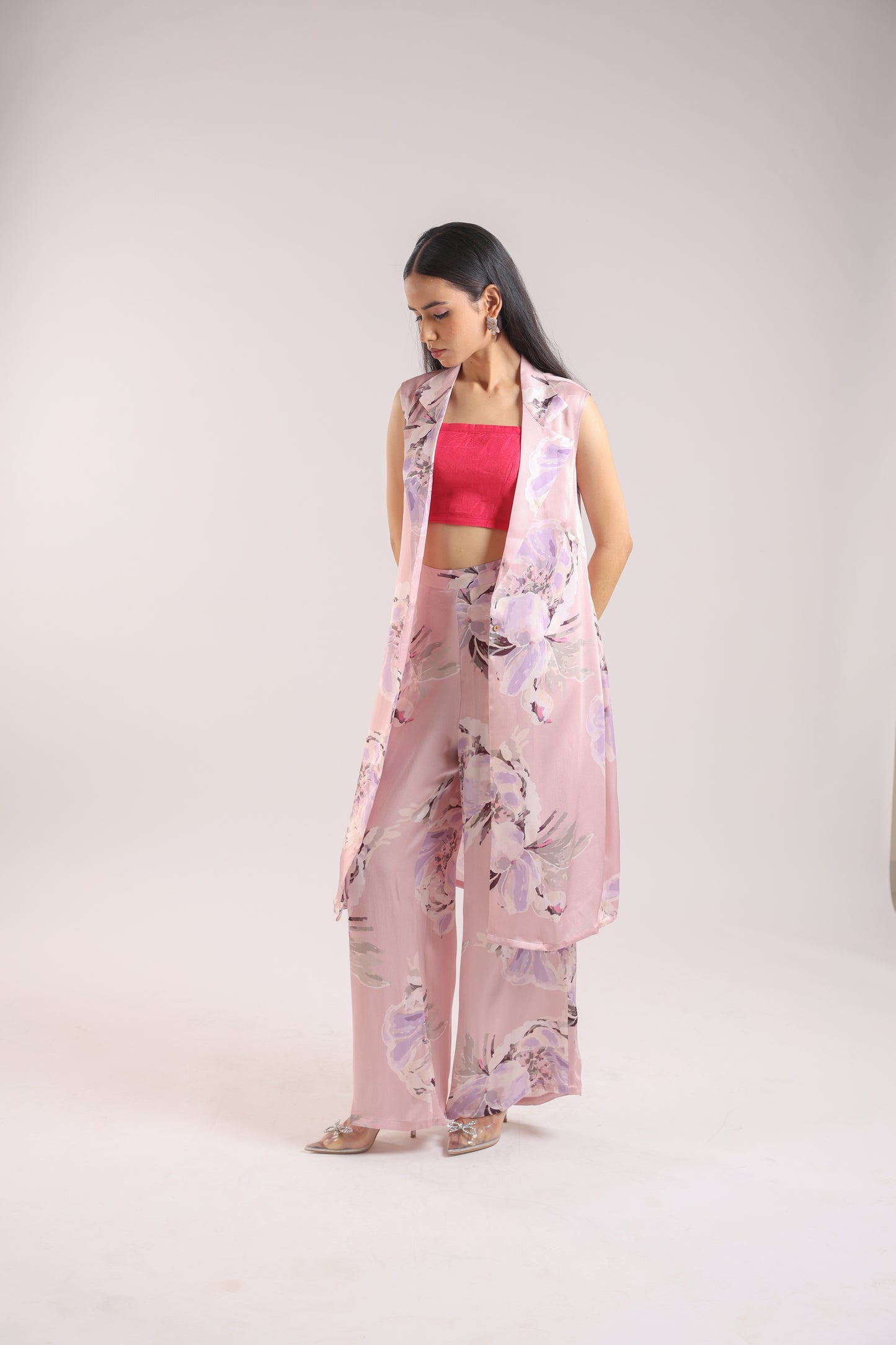 Dusty Pink Collared Kurta Set with Bustier - Chic & Contemporary