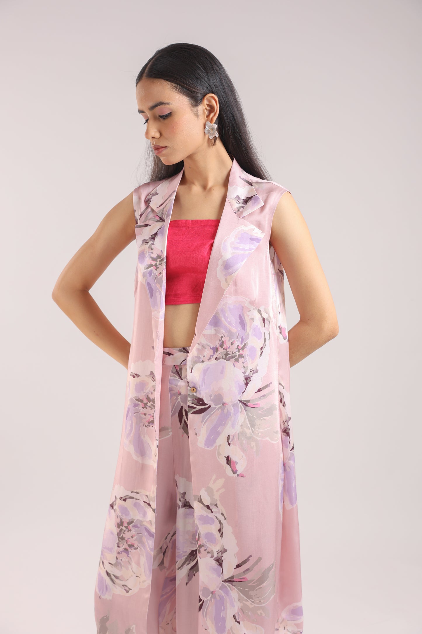 Dusty Pink Collared Kurta Set with Bustier - Chic & Contemporary