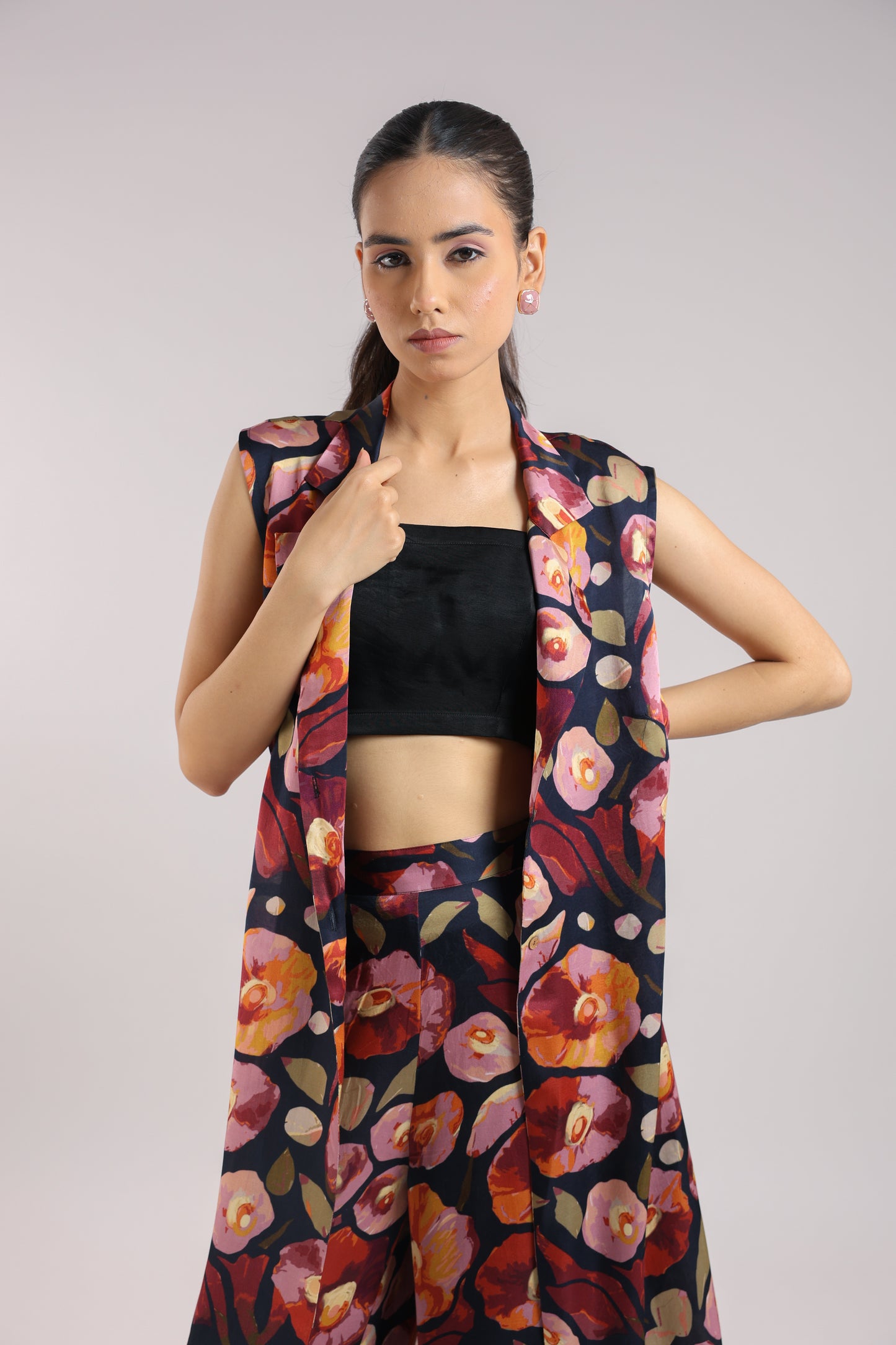 Black Collared Kurta Set with Bustier