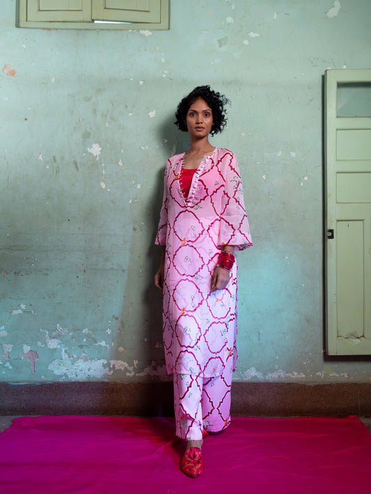 Organza salty pink kurta set for women