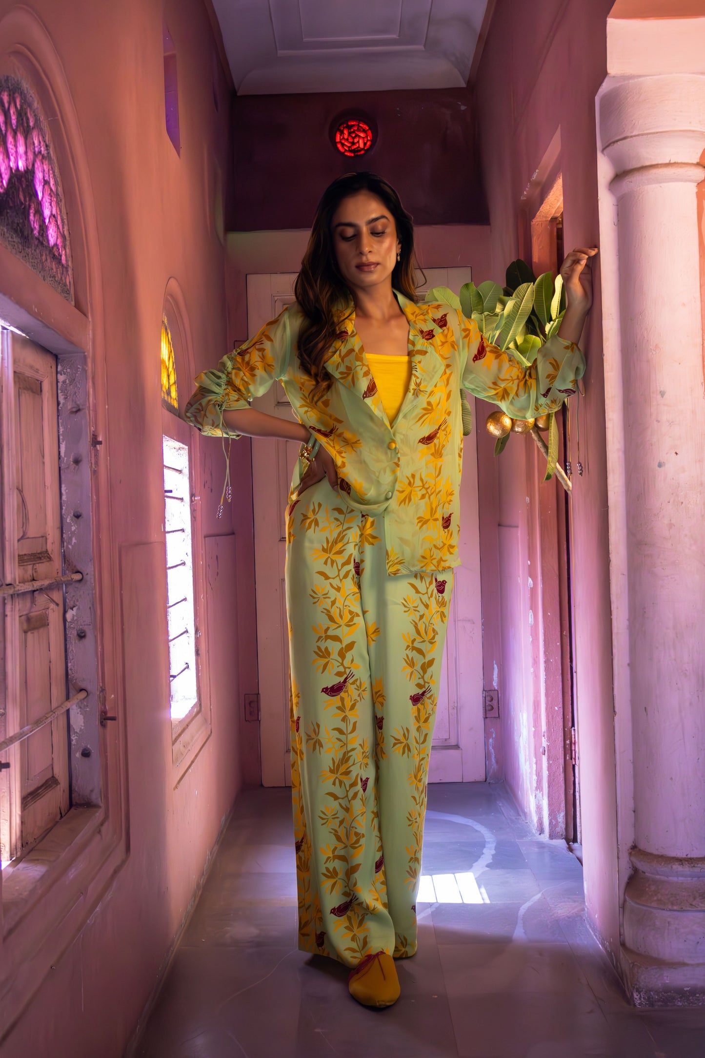 Matcha green organza drawstring co-ord set for women