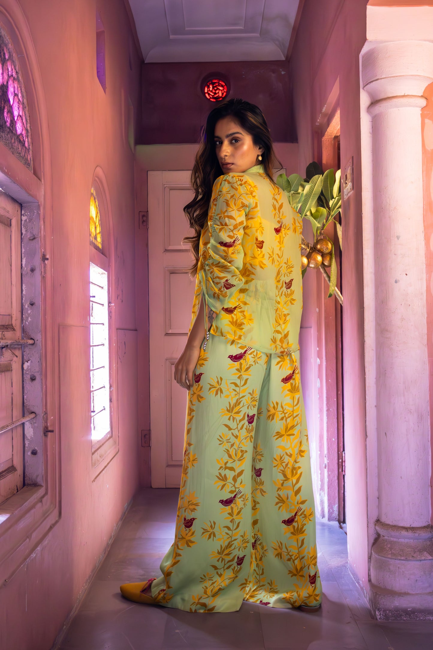 Matcha green organza drawstring co-ord set for women