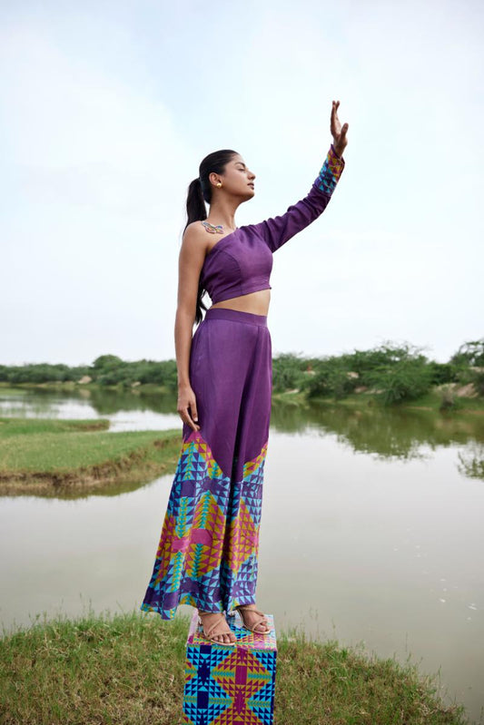 Purple One-shoulder hand-blocked blouse paired with pants